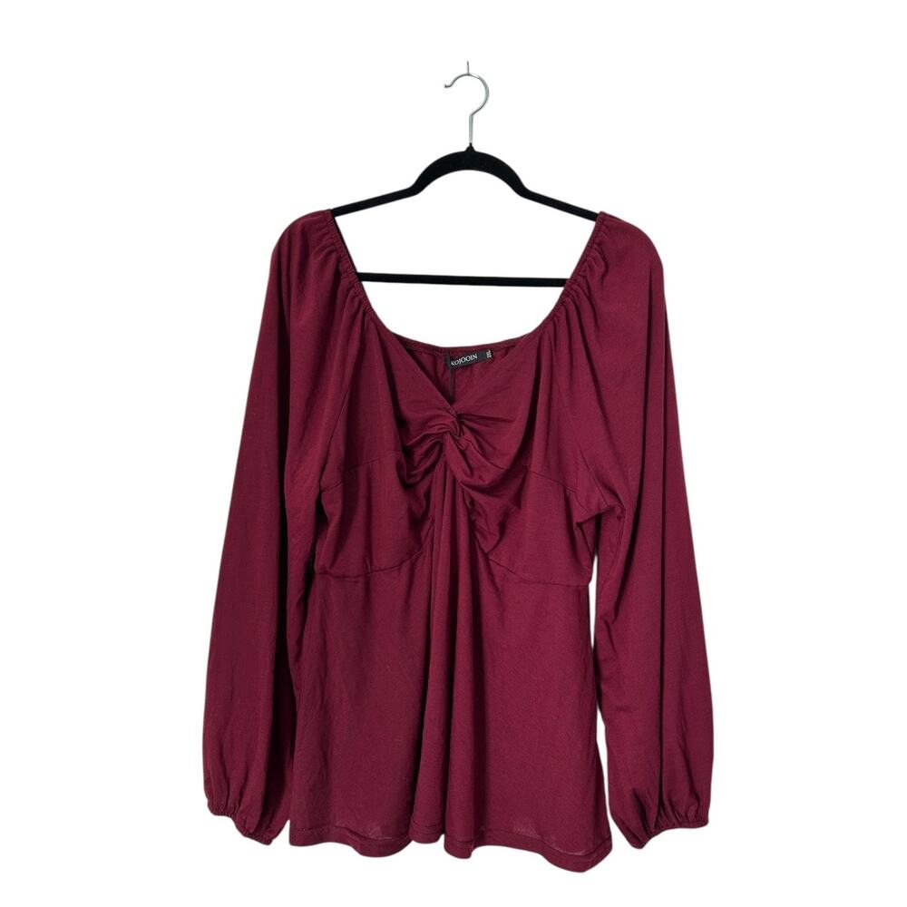 Kojooin Top Size 2XL Burgundy Twist Front Boho Peasant Baby Doll Balloon Sleeve